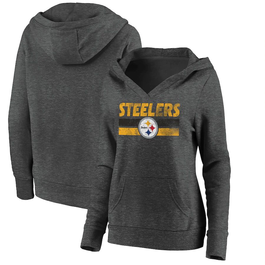 Women Pittsburgh Steelers Fanatics Branded Charcoal First String V-Neck Pullover Hoodie